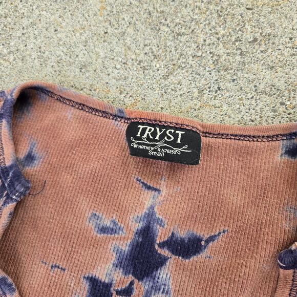 Vtg 90s Y2k TRYST Abstract Watercolor Dye All Over Print Whimsy Ribbed Top S - Picture 3 of 5